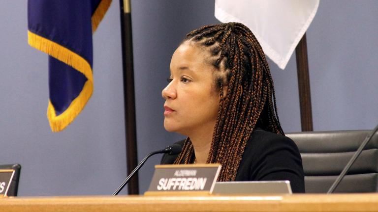 In this Nov. 25, 2019 file photo, Alderman Robin Rue Simmons, 5th Ward, proposes a reparations fund during a City Council meeting in Evanston, lll. (Genevieve Bookwalter / Chicago Tribune via AP,File)