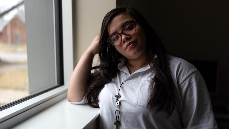 31-year-old Crystal Martinez stands for a portrait after speaking about her experiences with domestic violence and life in prison without her children Friday, Jan. 26, 2024, at Logan Correctional Center in Lincoln, Ill. (AP Photo / Erin Hooley)