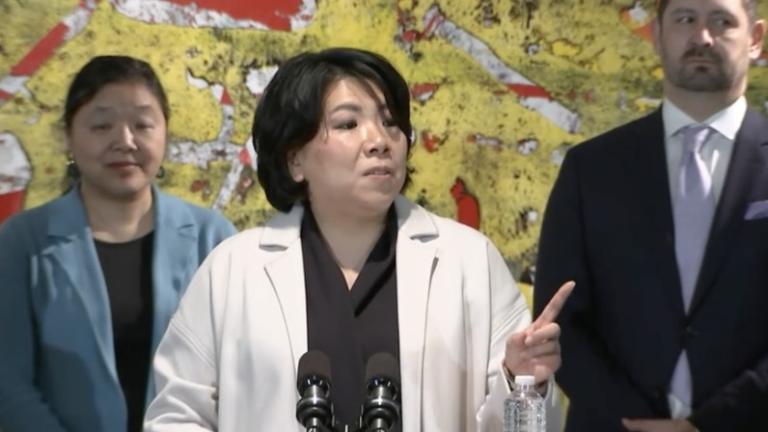 Nicole Lee addresses supporters and members of the news media after being tapped by Mayor Lori Lightfoot to serve as 11th Ward alderperson. (Chicago Mayor's Office)