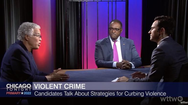 Cook County President Toni Preckwinkle, left, debates lawyer Richard Boykin on "Chicago Tonight" on Wednesday, June 15. (WTTW News)