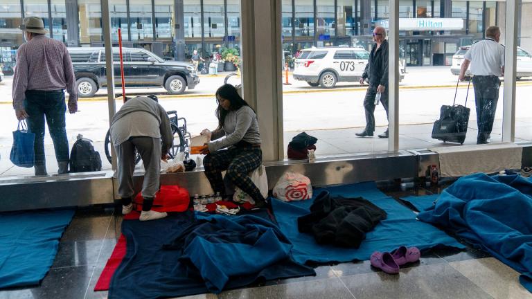 Run by a private firm hired by the city, migrants stay in a makeshift shelter at O’Hare International Airport, Sept. 20, 2023, in Chicago. (AP Photo / Erin Hooley, File Photo)