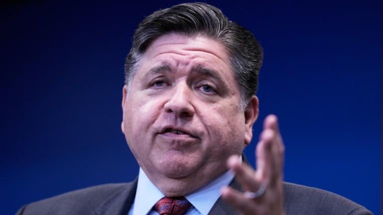 Governor JB Pritzker talks to media at a news conference in Chicago, Monday, Oct. 6, 2025. (AP Photo/Nam Y. Huh)
