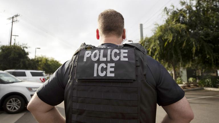 A U.S. Immigration and Customs Enforcement (ICE) officer looks on during an operation in Escondido, Calif., July 8, 2019. (AP Photo / Gregory Bull, File)
