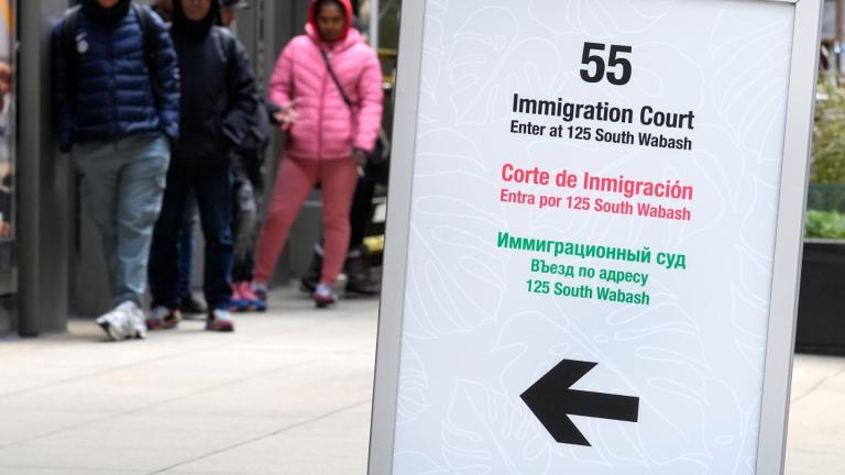 People wait in a cue before being led into a downtown Chicago building where an immigration court presides Tuesday, Nov. 12, 2024, in Chicago. (AP Photo / Charles Rex Arbogast, File)