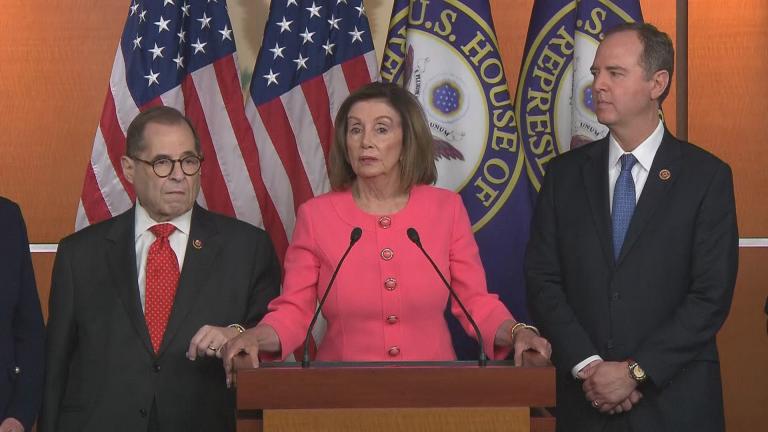 House Speaker Nancy Pelosi announces the impeachment managers in Washington, D.C., on Wednesday, Jan. 15, 2020. (WTTW News via CNN)