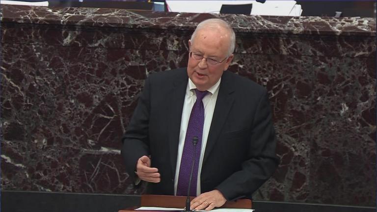 Ken Starr, an attorney for President Donald Trump, speaks during the impeachment trial of Trump on Monday, Jan. 27, 2020. (WTTW News via CNN)