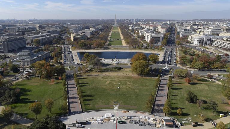 In this Nov. 15, 2016, file photo, inaugural preparations continue on the West Front of Capitol Hill in Washington, looking at the National Mall and Washington Monument. (AP Photo / Susan Walsh, File)