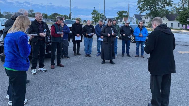 The Rev. Richard Holy leads a prayer vigil Monday, May 19, 2025, before a scheduled execution at the Indiana State Prison in Michigan City, Ind. (AP Photo / Ed White)