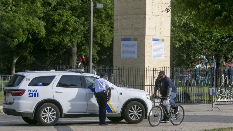 This June 17, 2020 file photo shows Philadelphia police at Marconi Plaza near the Columbus statue in Philadelphia. (Alejandro A. Alvarez / The Philadelphia Inquirer via AP, File) 