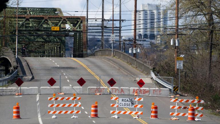 The Fishing Wars Memorial Bridge, which has been closed indefinitely since October 2023 after the Federal Highway Administration raised safety concerns, is shown Tuesday, March 26, 2024, in Tacoma, Wash. (Lindsey Wasson / AP Photo)
