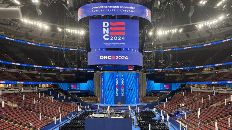 The DNC stage inside the United Center is pictured on Aug. 17, 2024. (Heather Cherone / WTTW News)