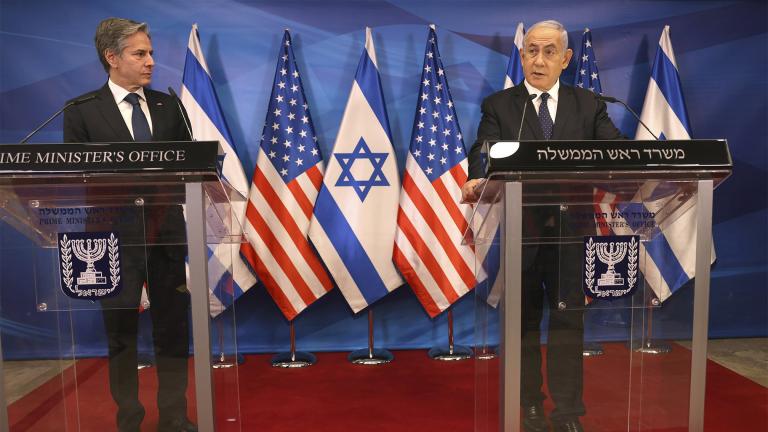 Israeli Prime Minister Benjamin Netanyahu, right, and U.S. Secretary of State Anthony Blinken hold a joint press conference in Jerusalem on Tuesday, May 25, 2021, days after an Egypt-brokered truce halted fighting between the Jewish state and the Gaza Strip's rulers Hamas. (Menahem Kahana / Pool Photo via AP)