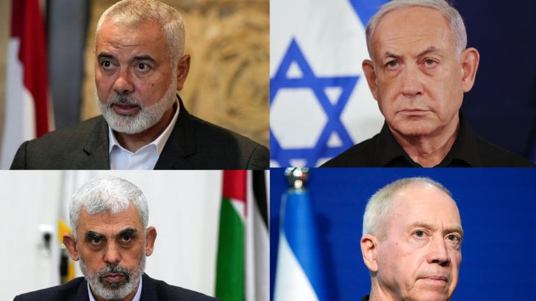 This combination of photos from clockwise from top left shows Ismail Haniyeh, the leader of the Palestinian militant group Hamas, in Beirut, Lebanon, on June 28, 2021; Israeli Prime Minister Benjamin Netanyahu in Tel Aviv, Israel on Oct. 28, 2023; Israeli Defense Minister Yoav Gallant in Tel Aviv on Oct. 16, 2023 and Yahya Sinwar, head of Hamas in Gaza, in Gaza City, Wednesday, April 13, 2022. (AP Photo)