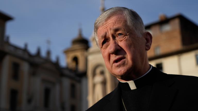 Archbishop of Chicago, Cardinal Blase Cupich answers a journalist's question during an interview with the Associated Press, in Rome, Thursday, Oct. 9, 2025. (AP Photo / Gregorio Borgia)
