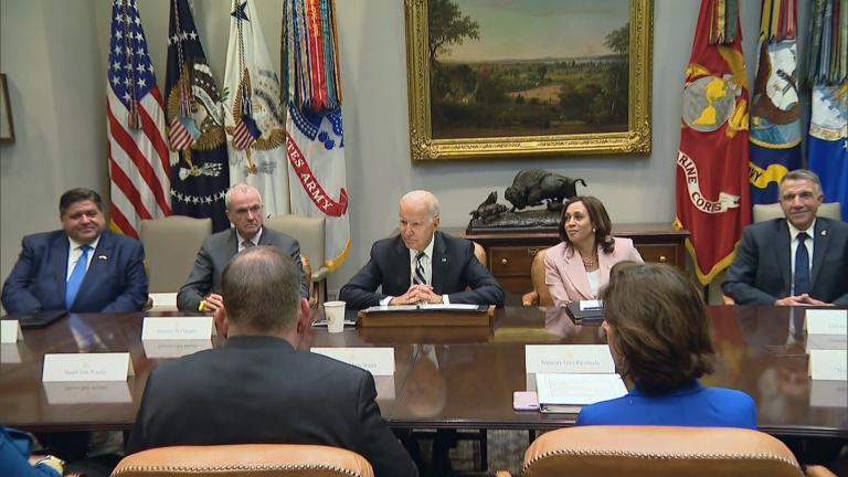 Illinois Gov. J.B. Pritzker was among a handful of governors and mayors who scored an invitation to the White House July 14, 2021. (WTTW News via CNN) 