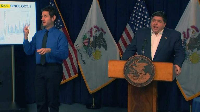 Gov. J.B. Pritzker speaks to the media during his daily press briefing on COVID-19 on Thursday, Nov. 5, 2020. (WTTW News)