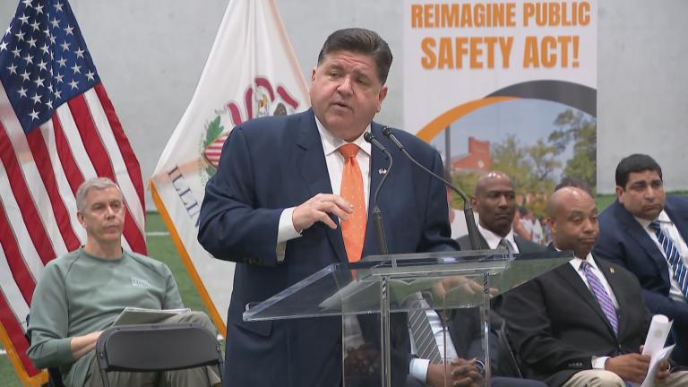 Gov. J.B. Pritzker speaks at an event at the Pullman Community Center on April 17, 2025. (WTTW News)