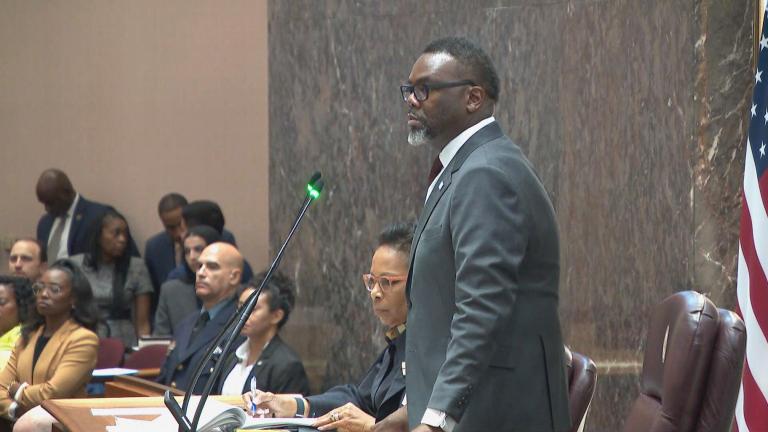 Mayor Brandon Johnson presides over the Nov. 15, 2023, meeting of the Chicago City Council meeting. (WTTW News)