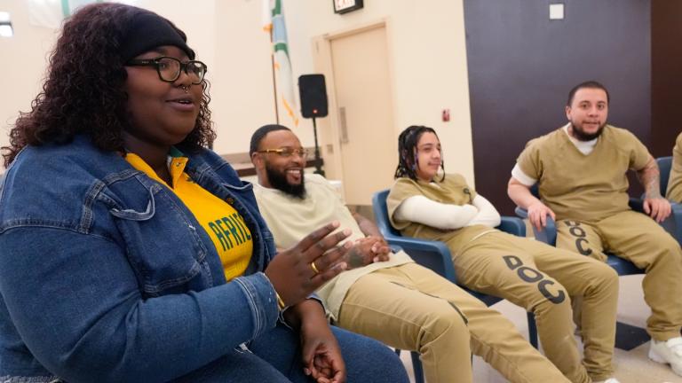 DePaul student Nana Ampoto talks during a book club at Department Of Corrections Division 11 in Chicago, Monday, April 22, 2024. (Nam Y. Huh / AP Photo)