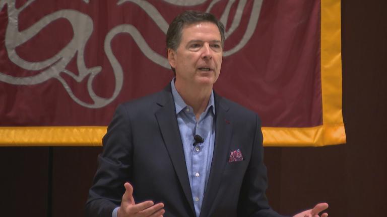 Former FBI Director James Comey speaks at the University of Chicago on Tuesday, Oct. 29, 2019. (WTTW News)