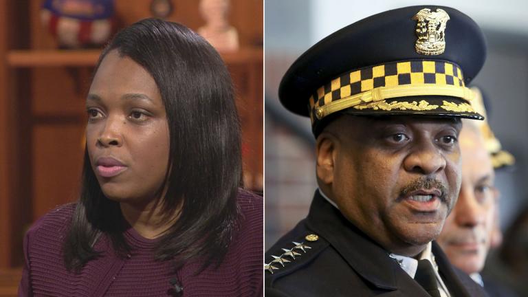 Janice Jackson, left, appears on “Chicago Tonight” on April 19, 2018. Eddie Johnson, right, speaks during a news conference Tuesday, March 26, 2019. (AP Photo / Teresa Crawford)