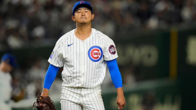Chicago Cubs' Shota Imanaga walks around the mound after walking Los Angeles Dodgers' Teoscar Hernandez in the fourth inning of an MLB Japan Series baseball game in Tokyo, Japan, Tuesday, March 18, 2025. (AP Photo / Hiro Komae)
