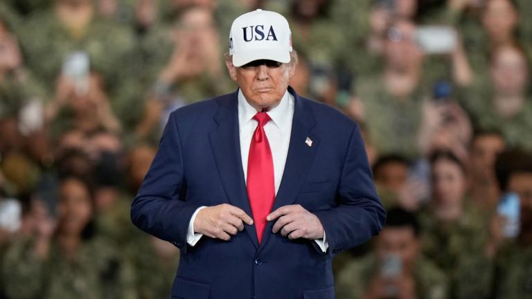 U.S. President Donald Trump arrives to meet with soldiers and servicemen at the USS George Washington at the U.S. Navy's Yokosuka base in Yokosuka, south of Tokyo, Tuesday, Oct. 28, 2025. (AP Photo / Eugene Hoshiko)