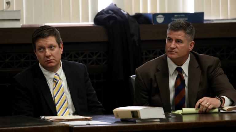 Jason Van Dyke, left, sits with his attorney Daniel Herbert at his hearing at Leighton Criminal Court in Chicago Wednesday April 18, 2018.    (Nancy Stone / Chicago Tribune / Pool)