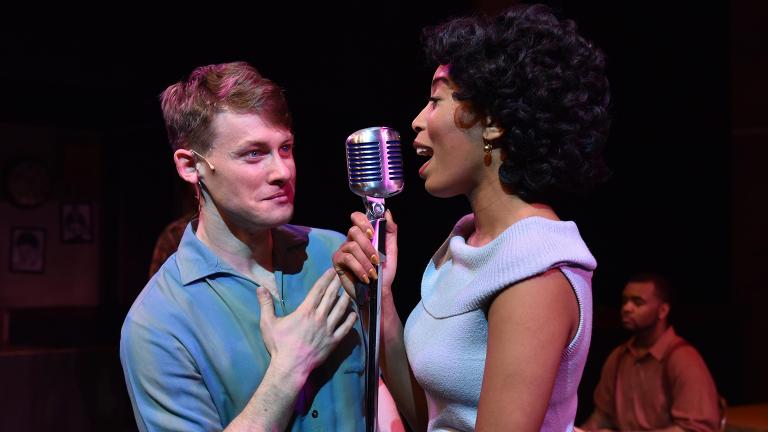 Liam Quealy as Huey Calhoun and Aeriel Williams as Felicia Farrell in “Memphis” from Porchlight Music Theatre. (Photo by Michael Courier)