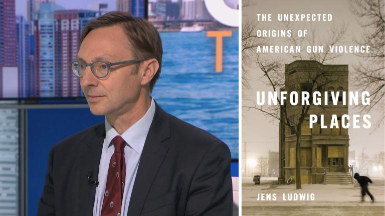 Left: Jens Ludwig appears on “Chicago Tonight” on May 5, 2025. Right: The cover of “Unforgiven Places: The Unexpected Origins of American Gun Violence”