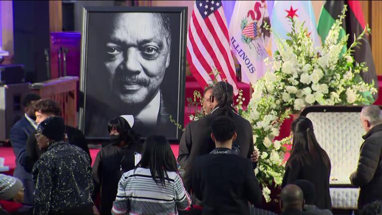 The Rev. Jesse Jackson is honored at a memorial in Chicago at the Rainbow PUSH Coalition headquarters on Feb. 26, 2026. (WTTW News)