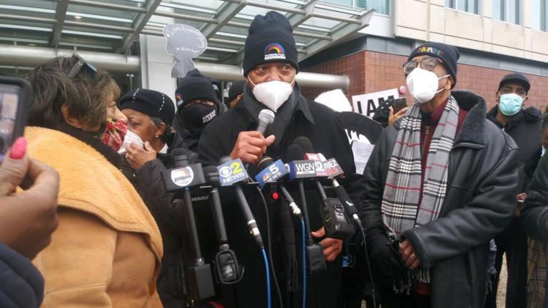 The Rev. Jesse Jackson Sr. speaks outside Chicago police headquarters during a march Sunday, Dec. 27, 2020 in protest of the mistaken raid of a Chicago woman’s home in February 2019. (Annemarie Mannion / WTTW News)