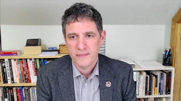 Outgoing CTU president Jesse Sharkey appears on “Chicago Tonight” via Zoom, Feb. 08, 2022. (WTTW News)