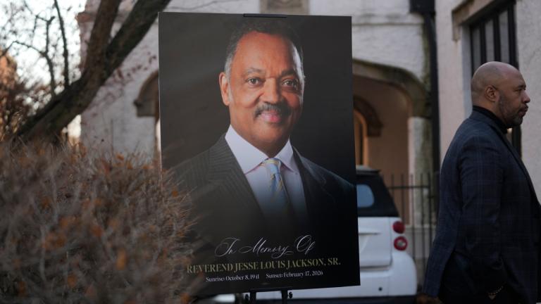 A picture of the Rev. Jesse Jackson is displayed during a news conference outside the family home, a day after his passing, Wednesday, Feb. 18, 2026, in Chicago. (AP Photo / Erin Hooley)