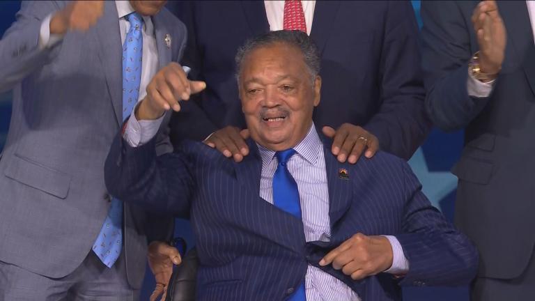 The Rev. Jesse Jackson Sr. is honored at the Democratic National Convention at the United Center on Aug. 19, 2024. (WTTW News)