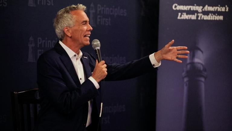 Former Republican Illinois congressman Joe Walsh speaks at the Historic Pabst Brewery in Milwaukee on July 17, 2024. (Michael Izquierdo / WTTW News)