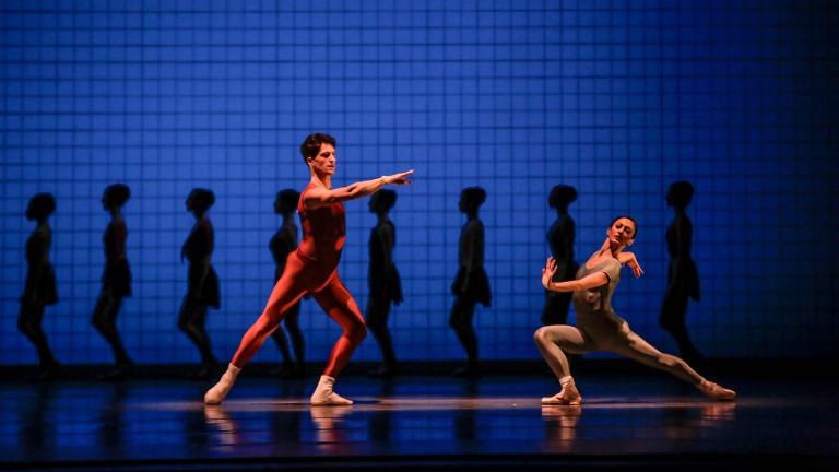 Dancers Temur Suluashvili and Victoria Jaiani in “Glass Pieces.” )Photo by Cheryl Mann)