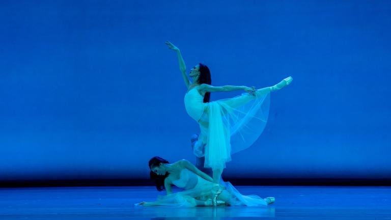 Gayeon Jung and Victoria Jaiani of the Joffrey Ballet perform in George Balancbine’s “Serenade.” (Credit: Cheryl Mann)