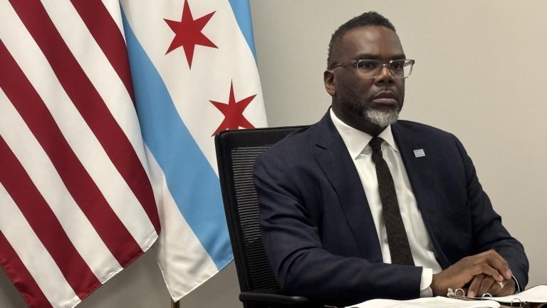 Mayor Brandon Johnson addresses the news media on Tuesday, May 20, 2025. (Heather Cherone/WTTW News)