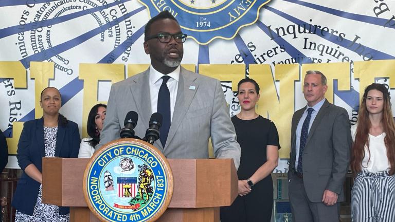 Mayor Brandon Johnson addresses the news media on Monday, July 17, 2023. (Heather Cherone/WTTW)