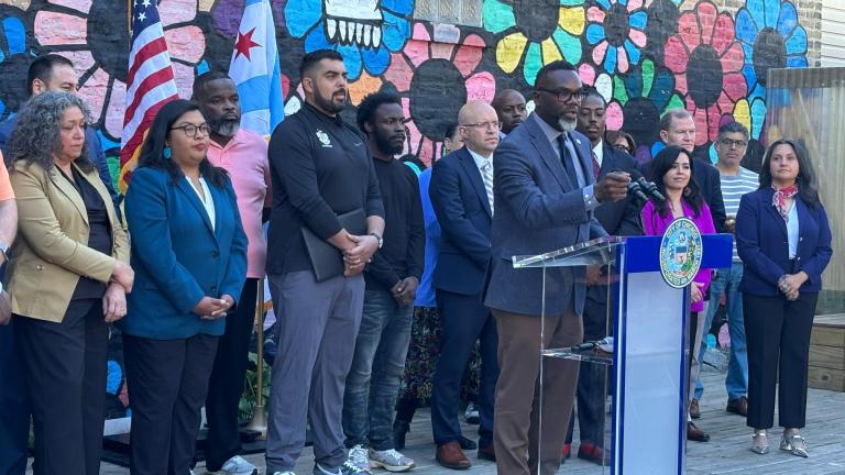 Mayor Brandon Johnson addresses the news media on Wednesday, Oct. 2, 2024. (Heather Cherone / WTTW News)