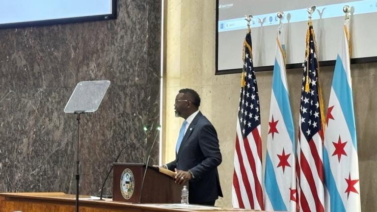 Chicago Mayor Brandon Johnson delivers his budget address on Oct. 21, 2026. (Heather Cherone / WTTW News)