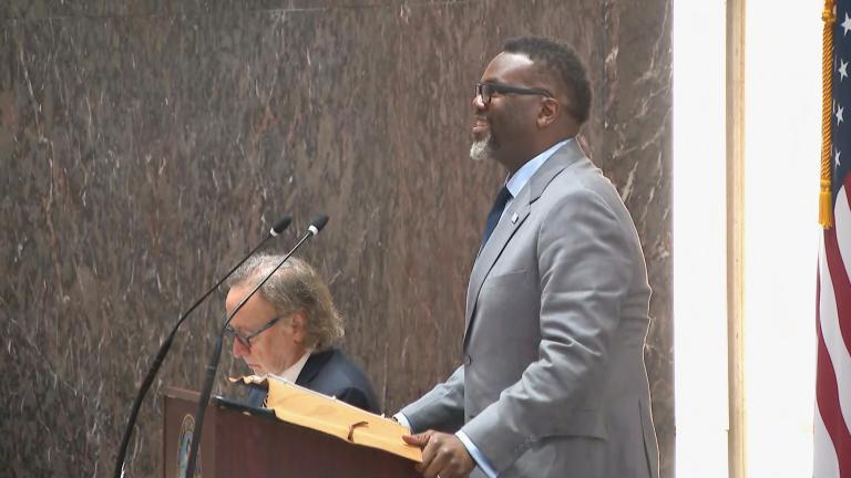 Mayor Brandon Johnson at the Oct. 11, 2023, City Council meeting. (WTTW News)