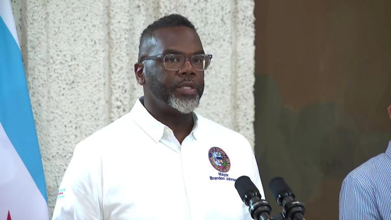 Mayor Brandon Johnson speaks during a news conference in Gage Park on the Southwest Side, on Aug. 19, 2025, about flooding damage to residents' homes following recent storms. (WTTW News)