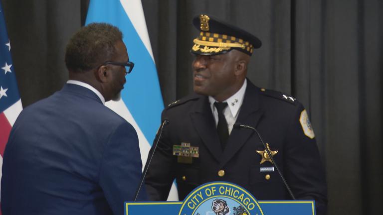 Larry Snelling and Mayor Brandon Johnson shake hands while addressing the media during a press conference announcing Snelling’s appointment as the Chicago Police Department’s superintendent Aug. 14, 2023. (WTTW News)