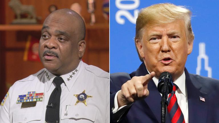 Chicago Police Superintendent Eddie Johnson on “Chicago Tonight” in 2018, left, and President Donald Trump in Chicago on Oct. 28, 2019. (WTTW News, left, AP Photo / Charles Rex Arbogast, right) Chicago Police Superintendent Eddie Johnson on “Chicago Tonight” in 2018, left, and President Donald Trump in Chicago on Oct. 28, 2019. (WTTW News, left, AP Photo / Charles Rex Arbogast, right)