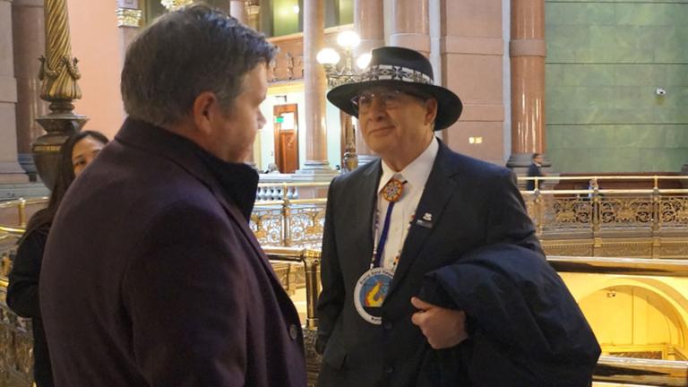 Joseph “Zeke” Rupnick, chairman of the Kansas-based Prairie Band Potawatomi Nation, waits outside the Illinois House chamber while lawmakers consider a bill to give the tribe ownership of the 1,500-acre Shabbona Lake and State Park in DeKalb County. (Peter Hancock / Capitol News Illinois)