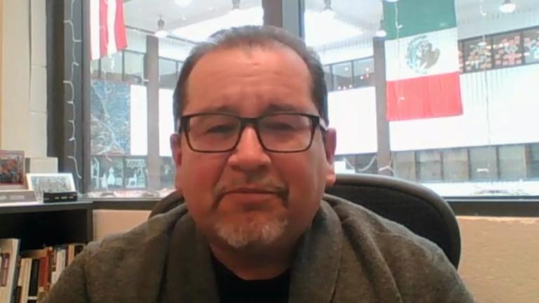 Benito Juarez Community Academy Principal JuanCarlos Ocon appears on “Chicago Tonight: Latino Voices” via Zoom. Feb. 25, 2022. (WTTW News)