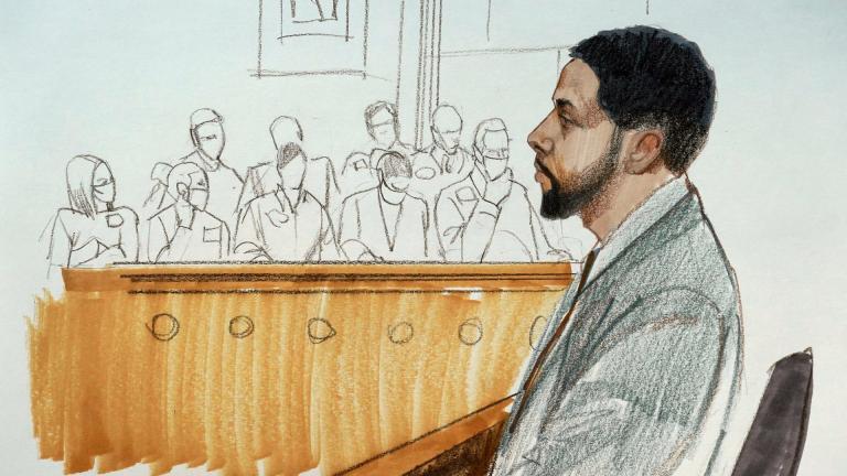 In this courtroom sketch, actor Jussie Smollett takes the stand in his own defense Monday, Dec. 6, 2021, at the Leighton Criminal Courthouse on day five of his trial in Chicago. (AP Photo / Cheryl Cook)