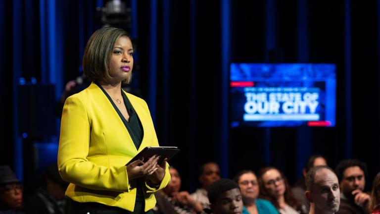 Brandis Friedman hosts a WTTW News town hall event on Feb. 3, 2025. (WTTW News)